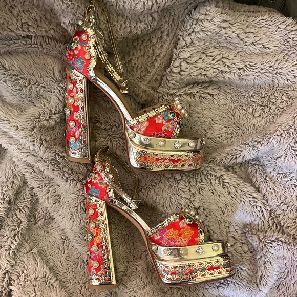 New Azalea Wang Party Peep Platform Heels Embellished Satin Victorian Ankle 6 - Picture 5 of 12